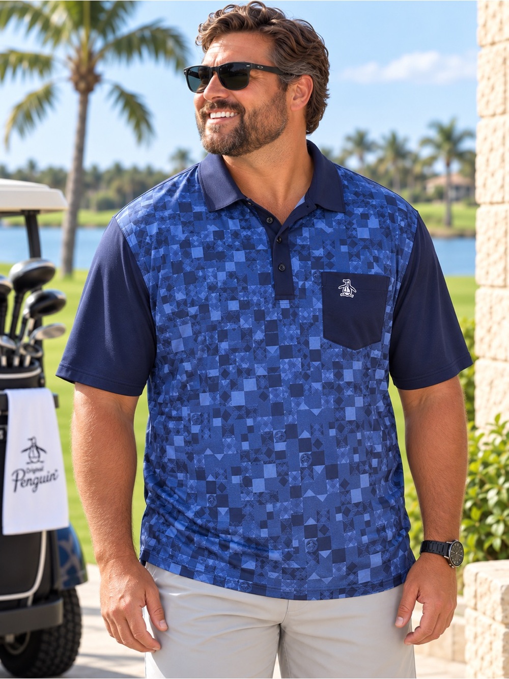 Original Penguin 50s Color Block Geometric Golf Polo Blue XXL Performance # 220